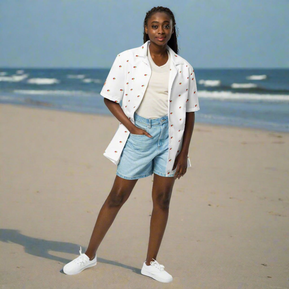 Umbrella Pattern Short Sleeve Button Up | White